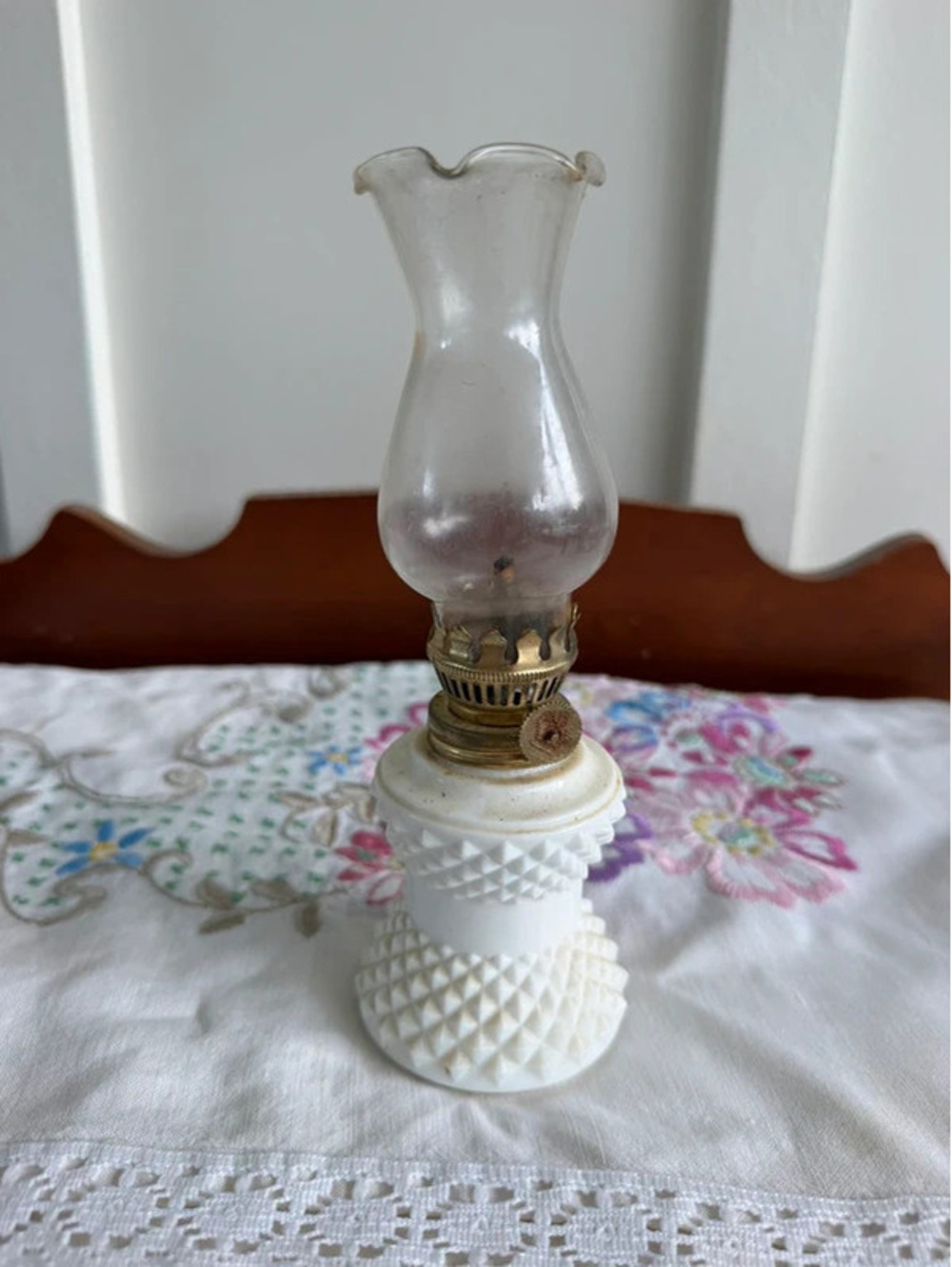 Vintage mini milk glass oil lamp